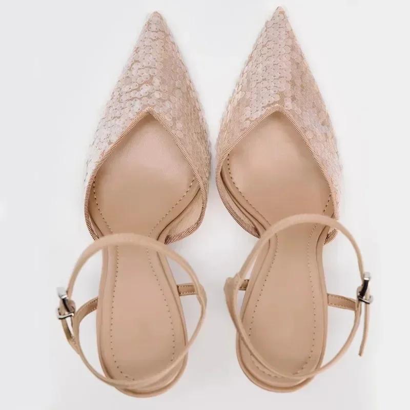 Fashion Luxury Designer Mesh Thin High Heeled Sandals Women Sexy Pointed Toe Bling Pumps Beige Open Heel Ankle Strap Wedding Party Shoes