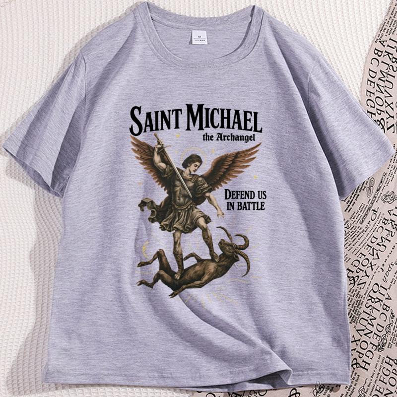 Sanit Michael T-Shirt Vintage Herren Damen Erzengel T-Shirt Katholischer Heiliger Christliches T-Shirt Lässig Rundhals Bedrucktes T-Shirt