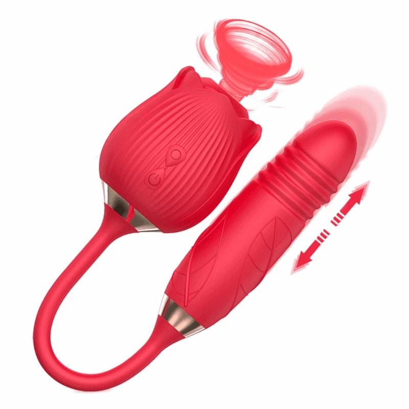 QiiAii Rose Shape Sucking Vibrator Dildos Vagina Massage Double Heads Vibrator Sex Toys for Women Nipple Sucker Clitoris Stimulation