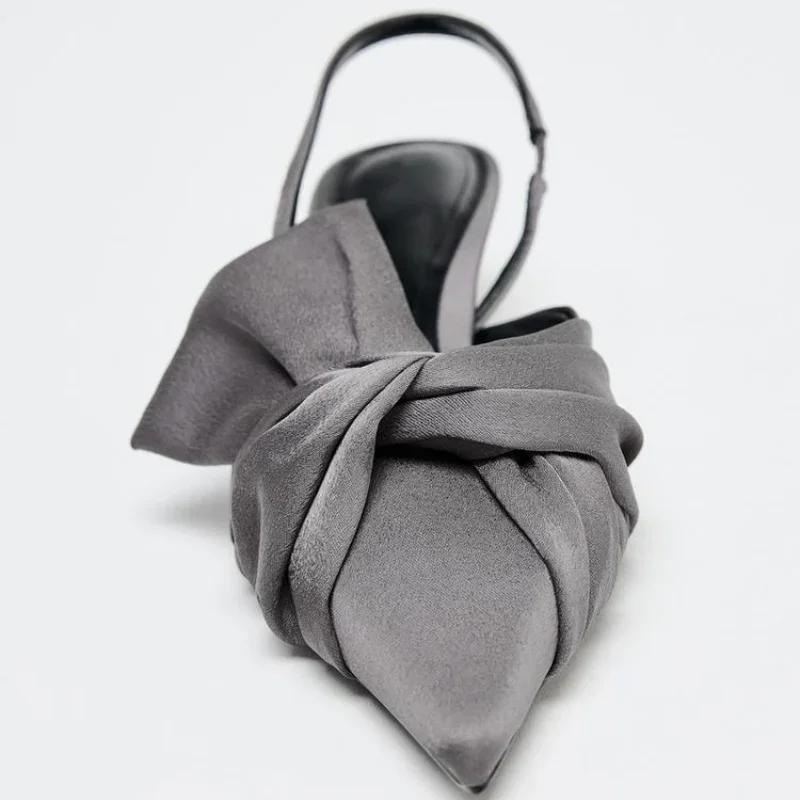 Fashion Elegant Gray Kitten Heel Slingback Strap Pumps Women Sexy Pointed Toe Satin Knot Heeled Sandals Fashion Office Designer Shoes