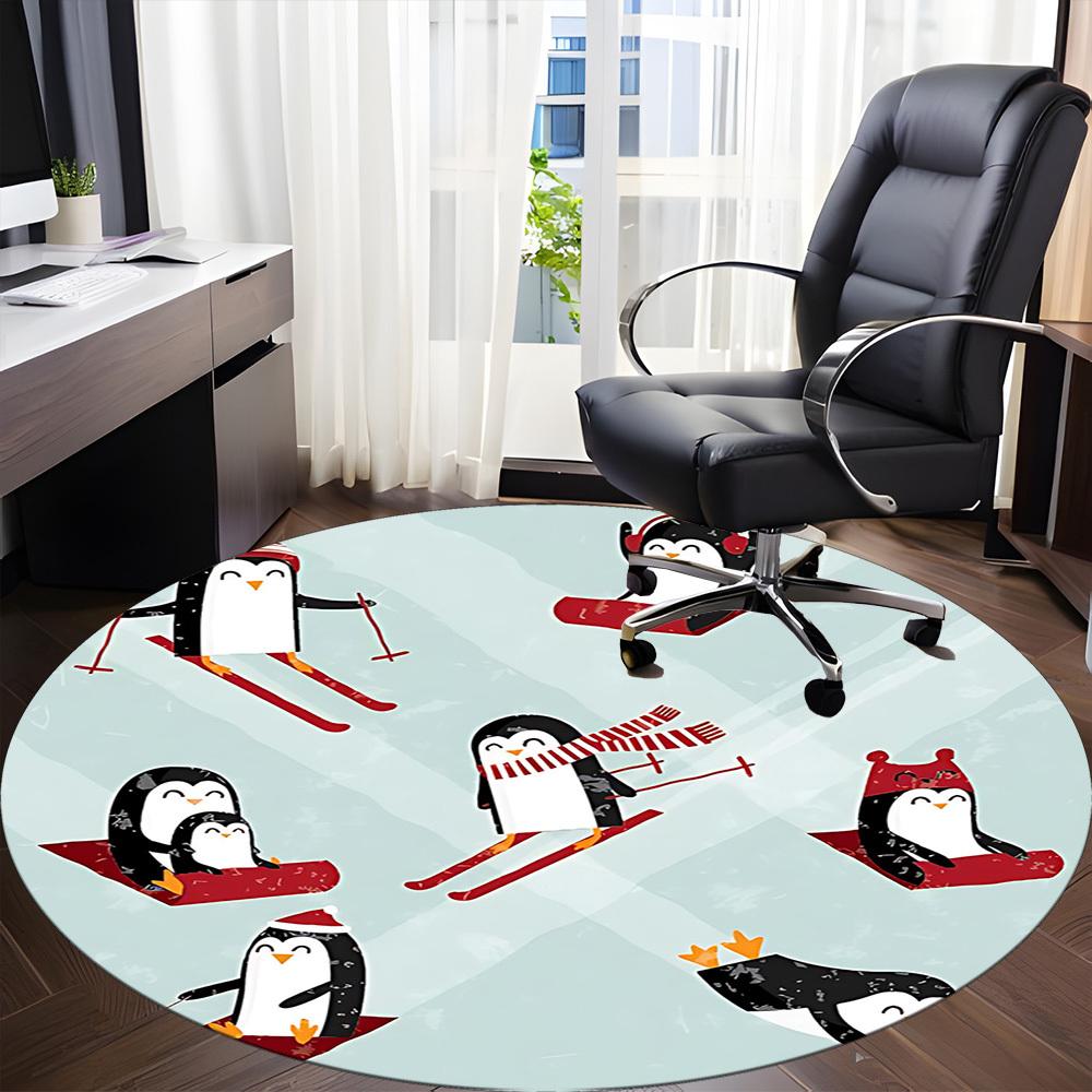 1PC Penguin Winter Office Round Area Rug, Mat Suitable For Office, Under Office Chairs Bedroom Living Room Home Decor, Room Deco