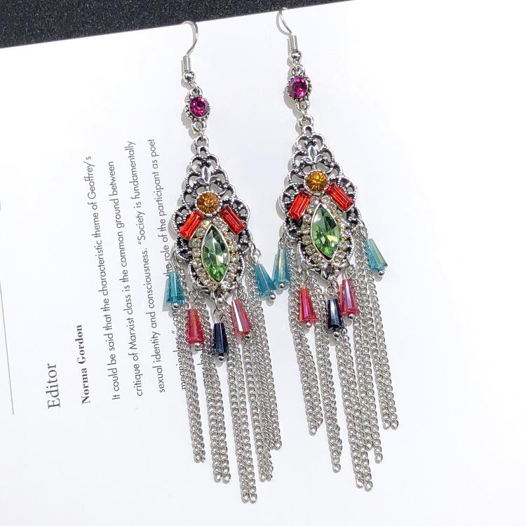 Retro crystal fringed earrings femininity versatile personality long earrings fashion court earrings