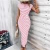 Damen gestreiftes Taillenband Kurzarm Rundhals Langes Kleid Lässiges Sommer Maxikleid mit verstellbarem Bund