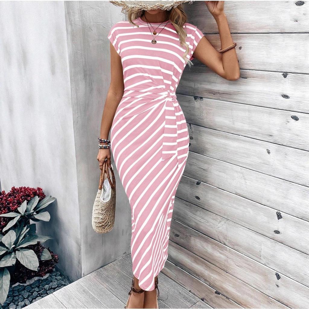 Damen gestreiftes Taillenband Kurzarm Rundhals Langes Kleid Lässiges Sommer Maxikleid mit verstellbarem Bund