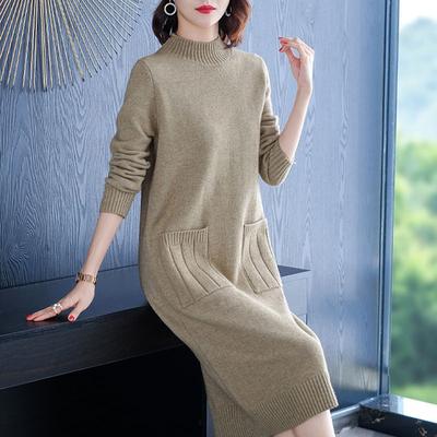 Autumn and Winter Medium and Long Large Size Thickened Bottom Knitted Dress Semi-turtleneck Knee-length Versatile Sweater Skirt
