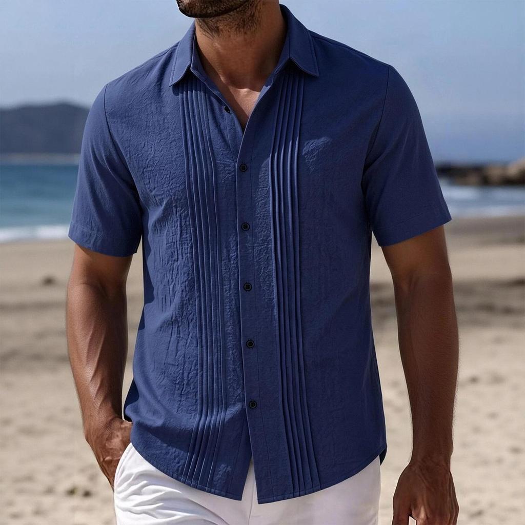 Men's Linen Shirt Short Sleeve Button Front Pleated Casual Summer