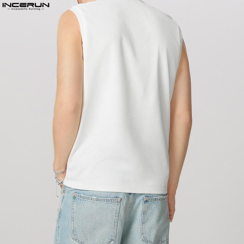 INCERUN Men Lapel V Neck Sleeveless Casual Front Cross Texture Tank Tops