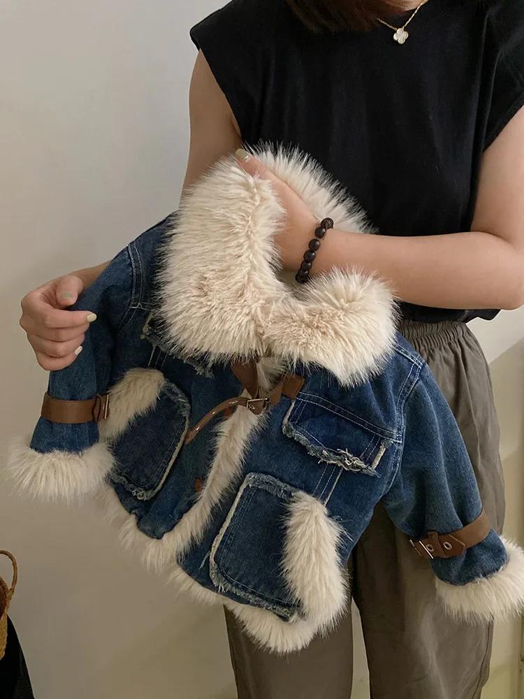 

Парки Зимний сезон Девушка Меховой Воротник-Лацкан Утолщение Ковбойское Пальто Плюшевая Верхняя Одежда Мода Длинный Рукав Круто 100cm синий