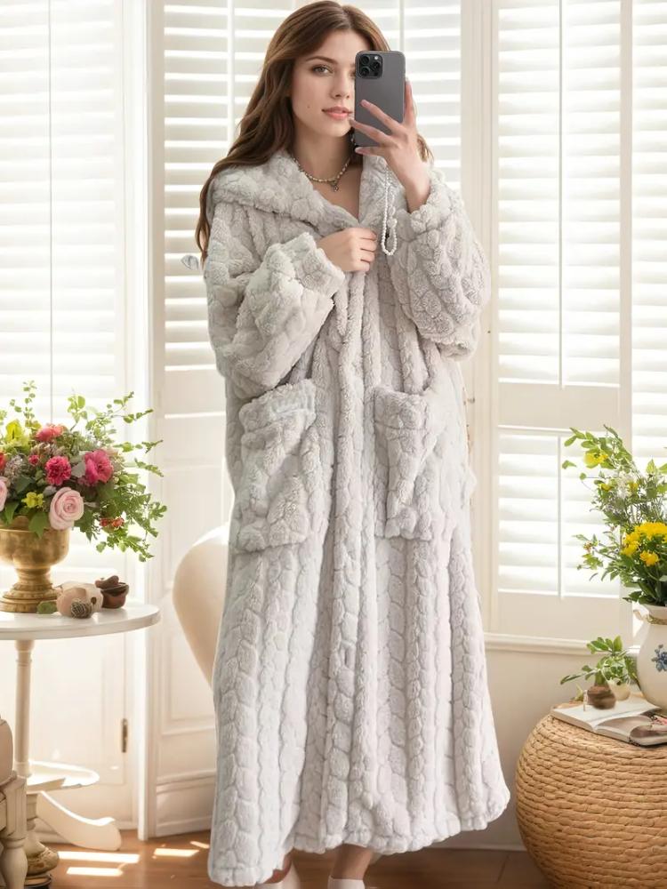 Útulný župan s kapucí z korálového fleecu pro ženy - Dlouhé, hřejivé a měkké domácí šaty s kapsami, pratelné v pračce - Ideální na podzim/zimu