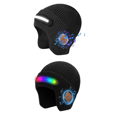 Warm Acrylic Fibre Skull Cap Knit Hat with LED Light and Music Player Design for Adult Nighttime Safety Outdoor Activity