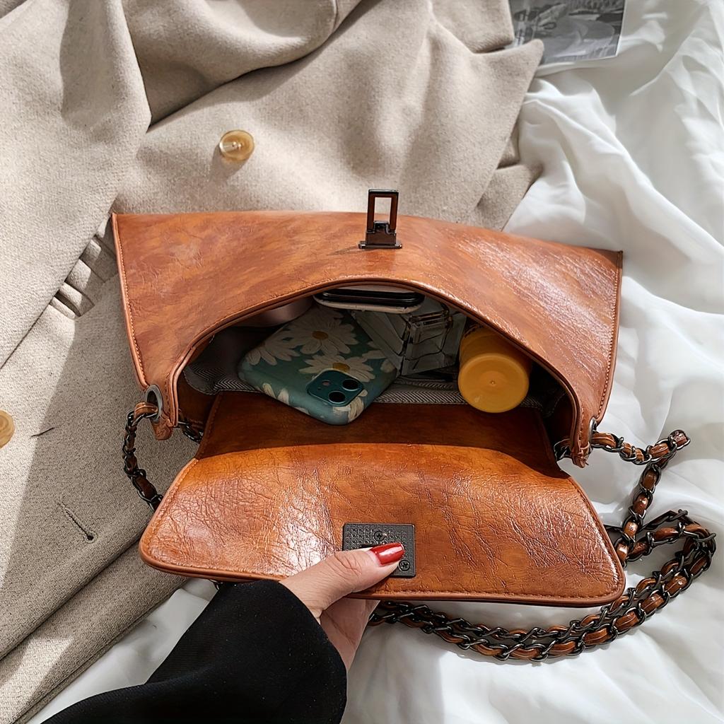 Vintage Metal Chain Underarm Bag, PU Leather Textured Bag Purse, Fashion Versatile Baguette Bag