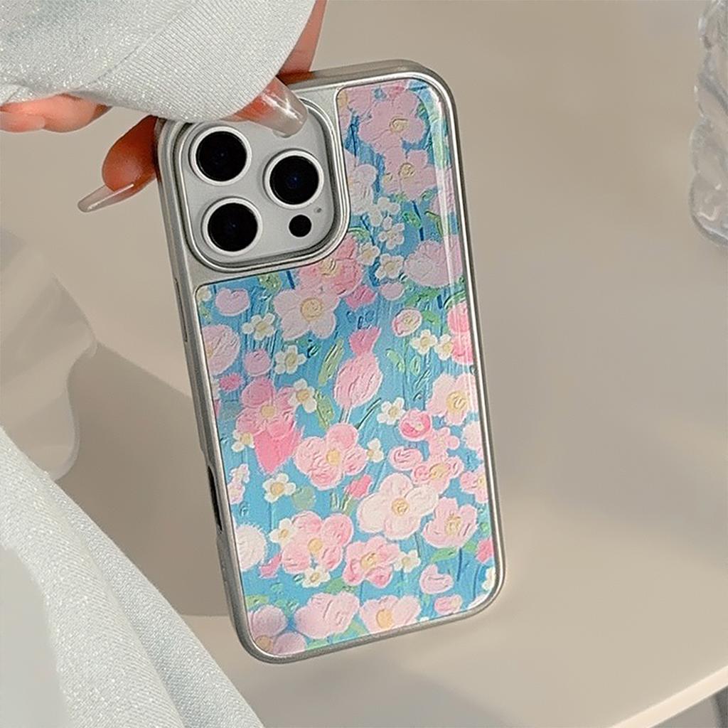 Oil Painting Blue Pink Flower Suitable for Apple 15 Promax Mobile Phone Case Iphone 16 Drop Glue 13 Electroplating 14 Beautiful Huawei