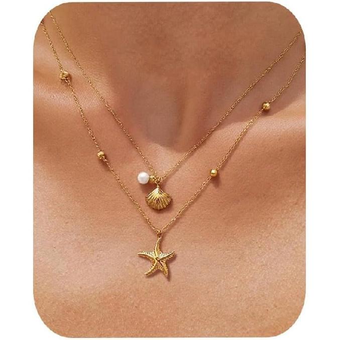 Dcfywl731 Starfish Seashell Necklace for Women Shell Pendant Accessories Chunky Gold Beach Jewelry Womens Fashion Accessories Summer Outfits for