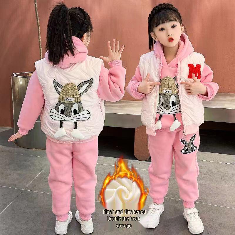 2025 Girls' Autumn/Winter Hoodie Set: Fleece-Lined Vest & Thickened Small Fragrance Style for Medium/Large Children