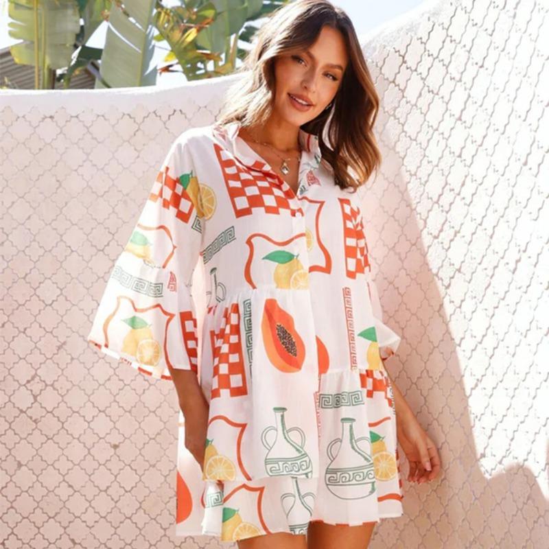 Women's Comfortable Simple Flared Sleeve National Wind Loose Shirt Short Dress