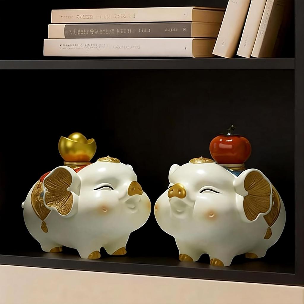 Aris & Juno A Pair of Lucky Pig Figurine - Resin Fortune Pig Statues with Golden Accents for Home Decor & Good Luck