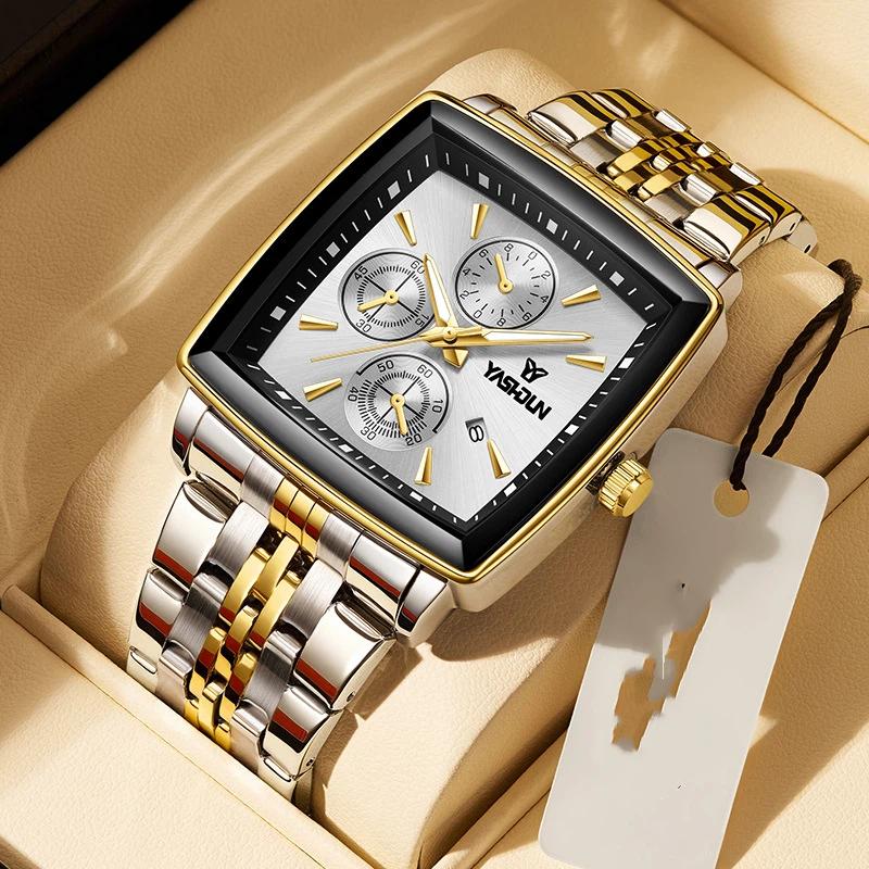 Orologio da uomo quadrato di marca nuova, lusso leggero, elegante, casual da lavoro, cinturino in acciaio, luminoso, impermeabile, da polso
