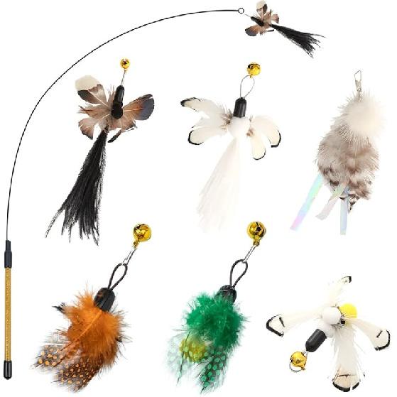 Cat ect Feather Toys Replacement Cat Toy Wand Refills, 6 Pieces Natural ect Cat Toy Feathers Refill, Interactive Cat Teaser Wand Attachments, with