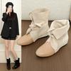French Retro Bow Strap Short Boots Women's Round Head Splicing Inner Height Increase and Thin Soft Sole Versatile Fashion Boots