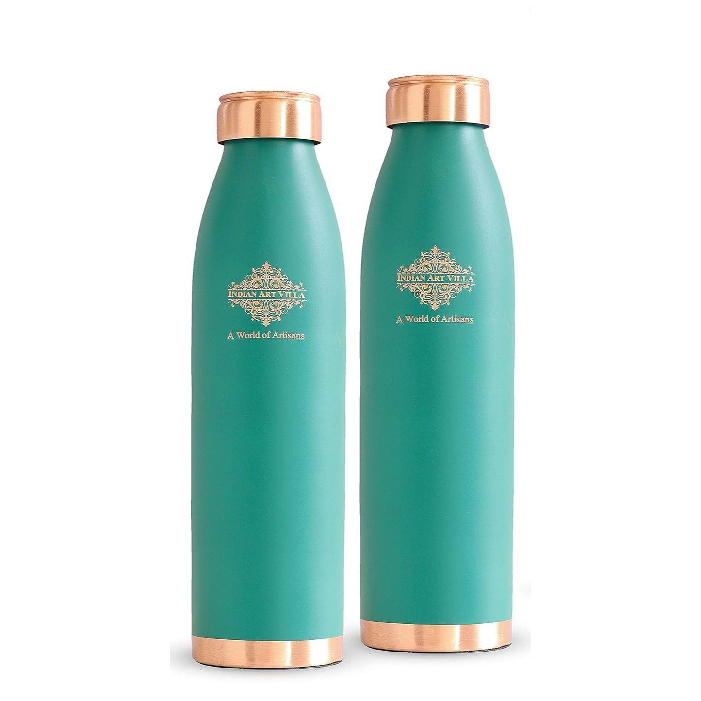 

Бутылка для воды из чистой меди с лаковым покрытием и отделкой под зелёный шёлк, для напитков и хранения, аюрведические преимущества для здоровья, объём - 900 мл - упаковка из 2 штук