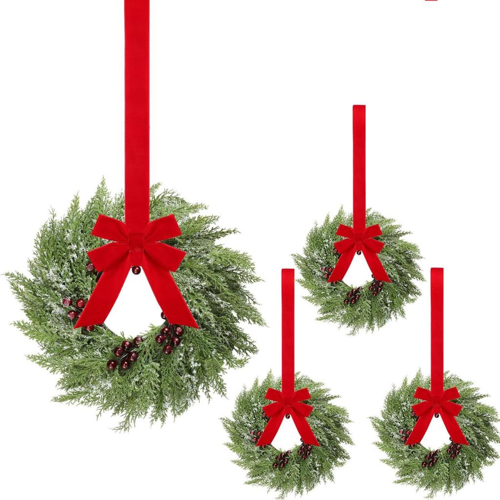 Christmas Kitchen Cabinet Wreaths With Plaid Bow Ribbon Hanging Cabinet Doors Wreaths Decorative For Kitchen Window Outdoor Indoor Holiday Decor