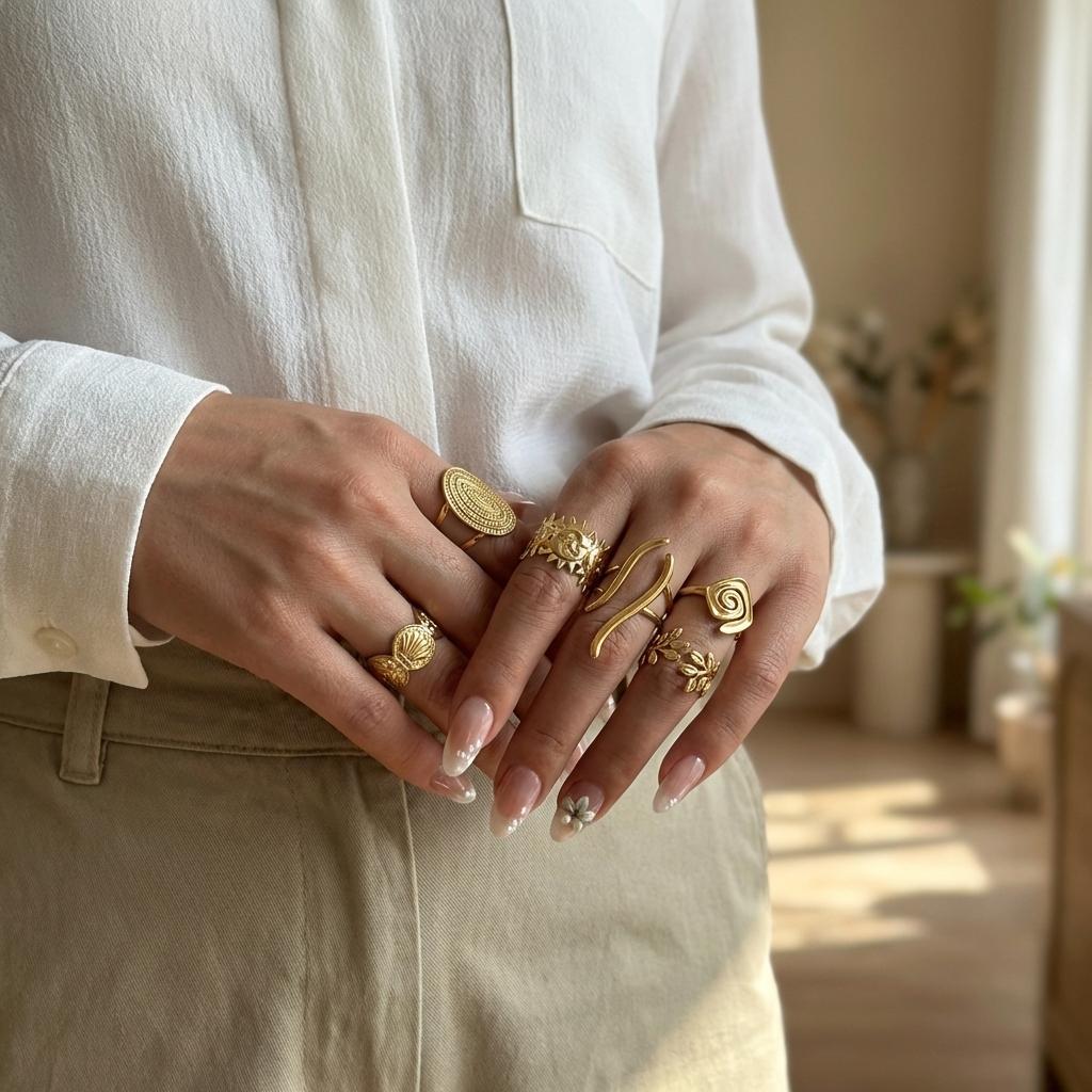 Stainless Steel Irregular Geometric Ring for Women Vintage Gold Color Sun Leaf Joint Finger Ring Party Versatile Jewerly Gifts