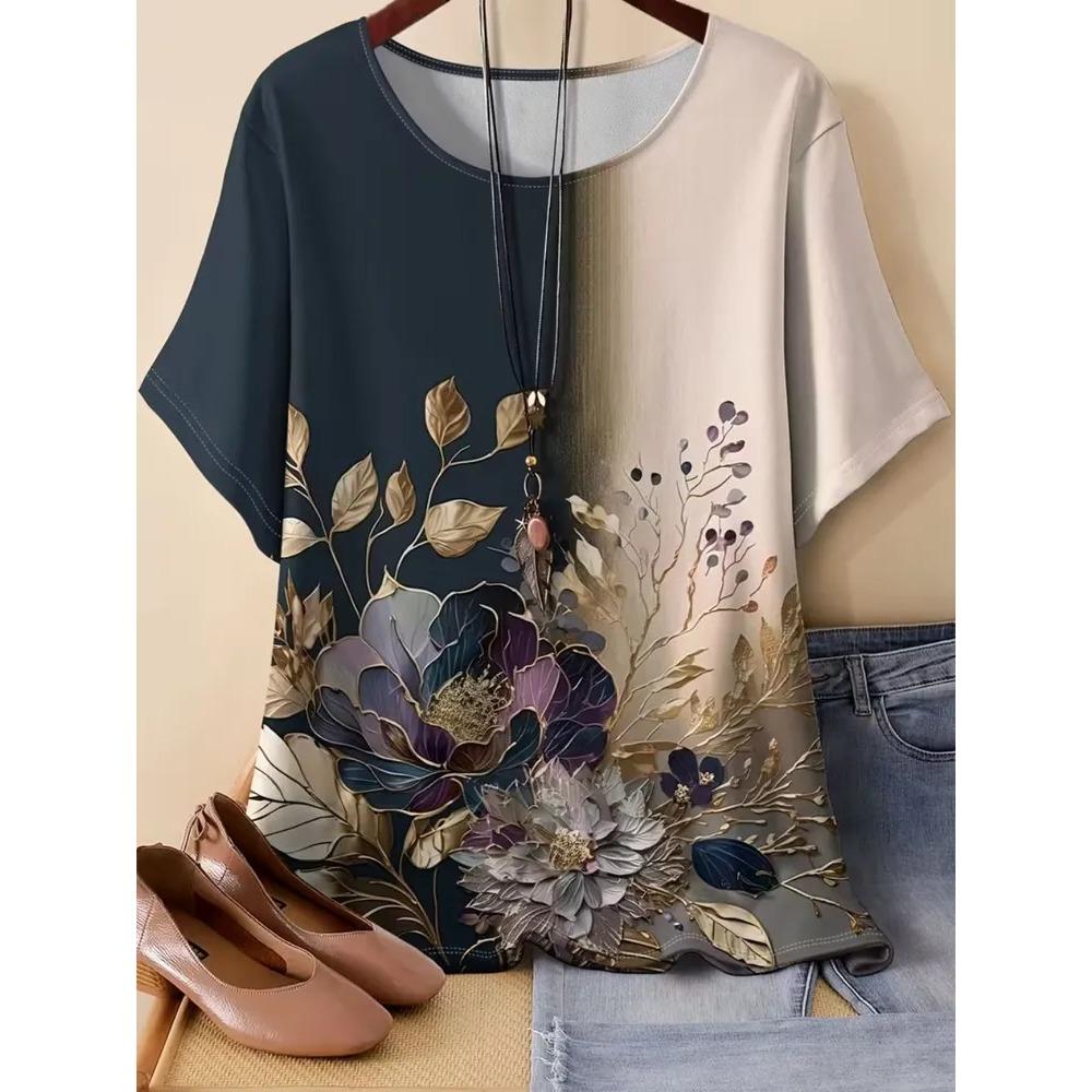 Retro Flower 3D Printed Short Sleeved T-shirt Fashionable Comfortable Soft Breathable Large Loose Womens T-shirt