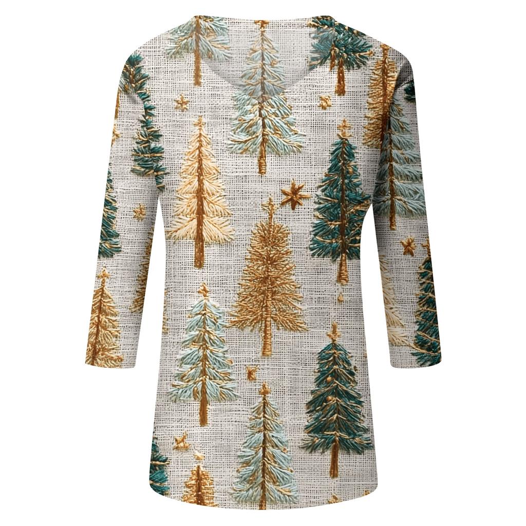 Women's Christmas Print V-Neck Three-Quarter Sleeve Loose Fit Casual Shirt