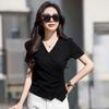 Summer Women's V-neck Slim Stretch Hundred Casual Irregular Hem Short Sleeve T-Shirt