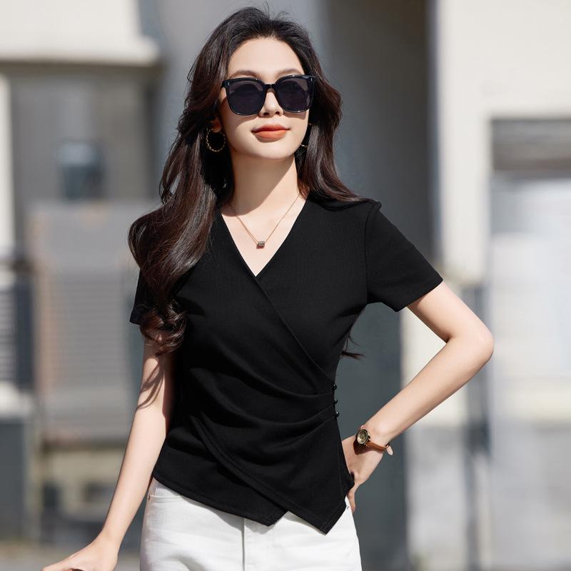 Summer Women's V-neck Slim Stretch Hundred Casual Irregular Hem Short Sleeve T-Shirt
