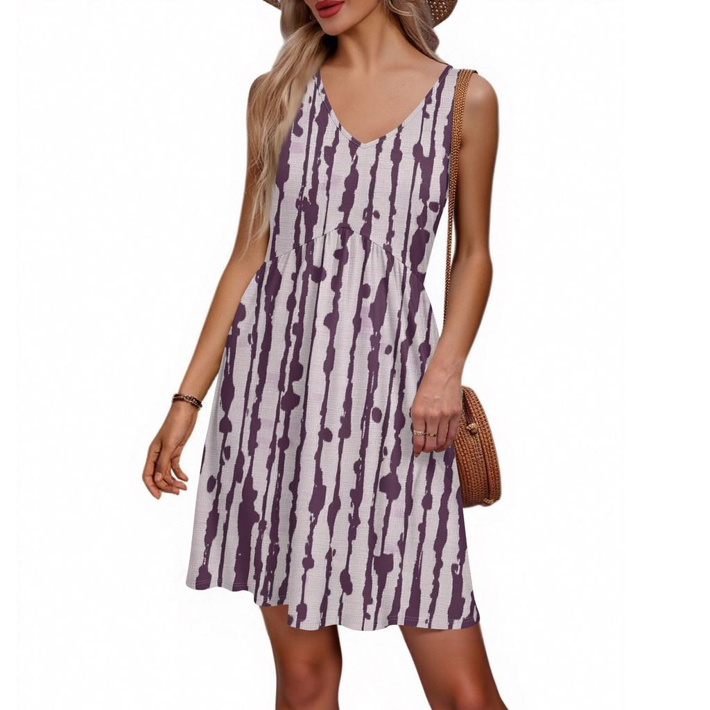Women's Summer V-neck Casual Beach Vacation Retro Floral Print Sleeveless Patchwork Dress