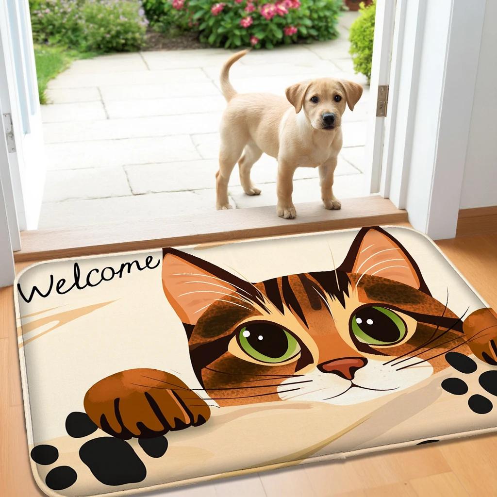 Cute Cat Flannel Kitchen Floor Mat Absorbent Door Mat for Bedroom Living Room Hand Washable