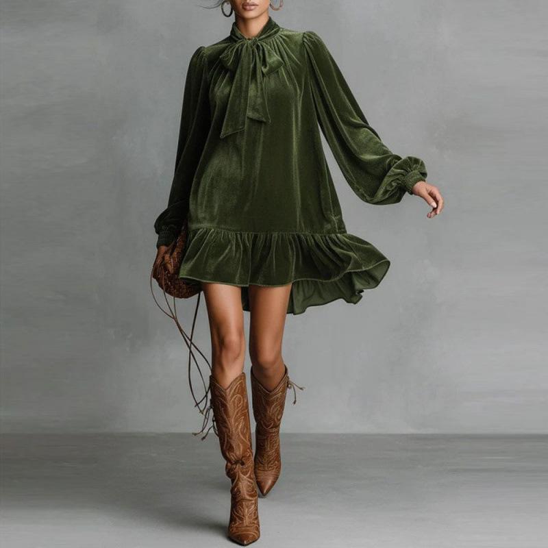 Rochii Mini A-line Largi la Modă pentru Femei Toamnă Iarnă Mânecă Lungă Guler Uni Rochie Scurtă Verde Elegantă