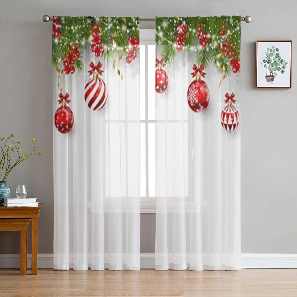 Farmhouse Christmas Ball Curtain Living Room Cafe Xmas Gifts Balls Window Curtains Kitchen Bedroom Outdoor Yard Sheer Polyester Ideal For