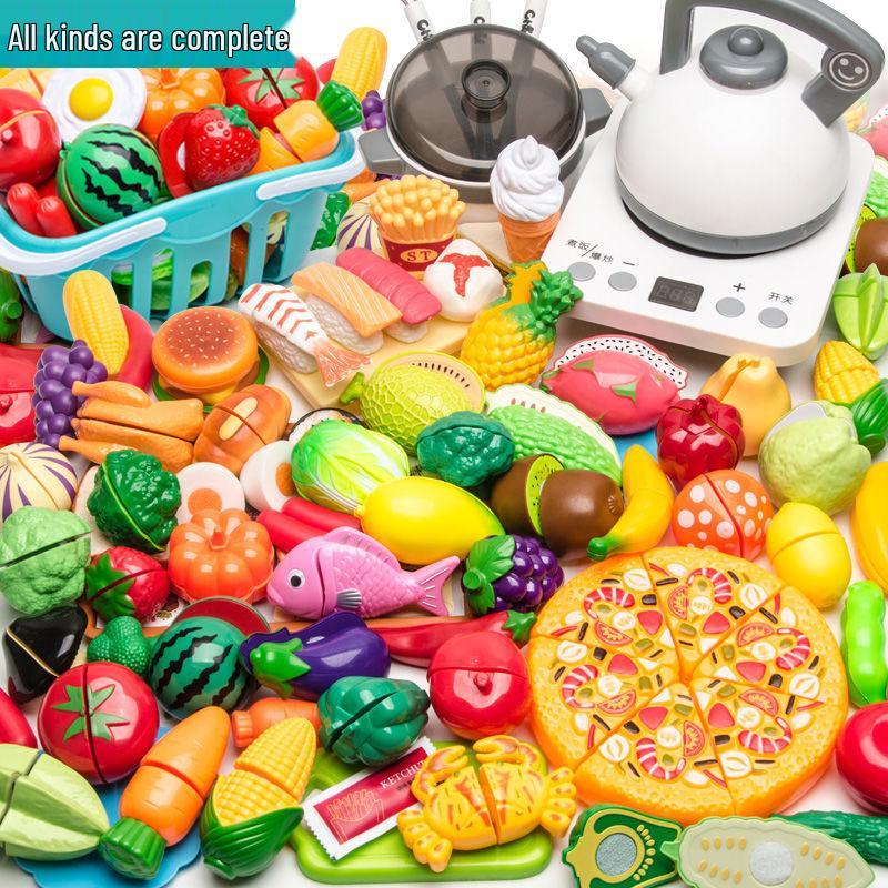 Kids' Pretend Play Kitchen Set: Fruit, Vegetables, Pizza, Cake Cutting Toy