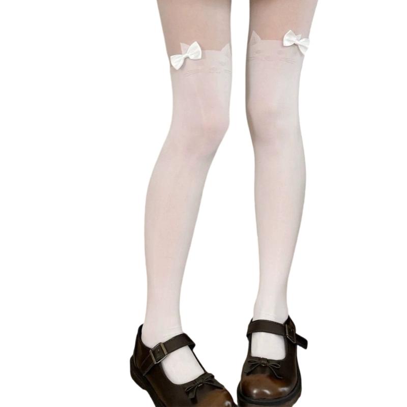 Sheer Patchwork Pattern Pantyhose Sweet Bows Accent Tights for Women Cats Print Mock Thigh High Stockings Leggings 1