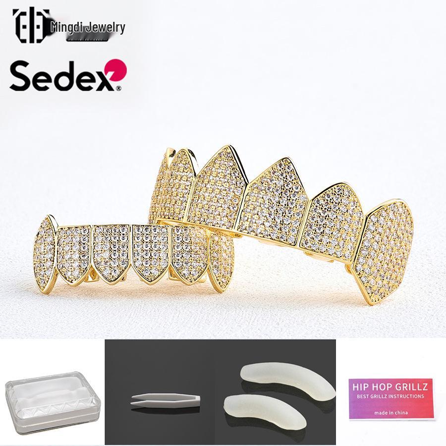 Grillz din Cupru Placat cu Aur Real de 14K și Zirconiu – Halloween Hip Hop Exagerat Rap Bijuterii pentru Dinți cu Diamante