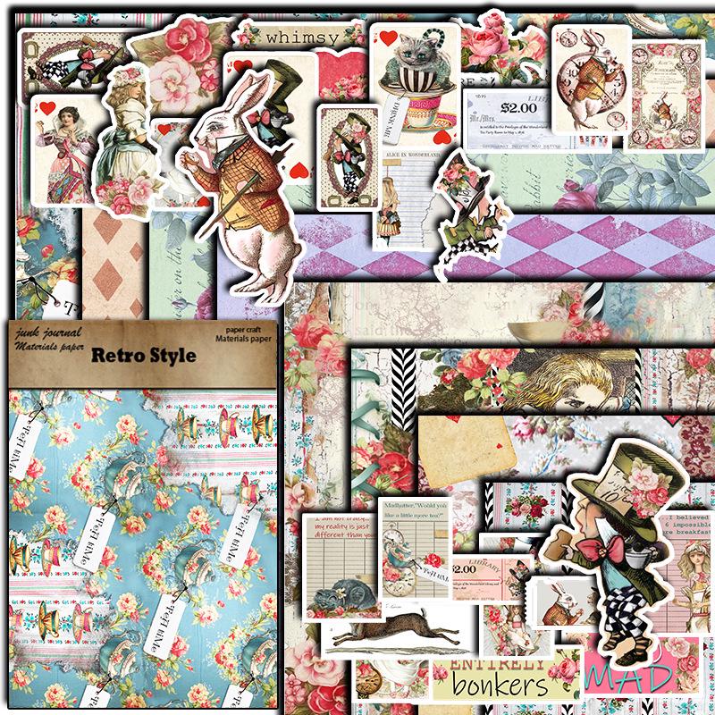 Retro Alice Tea Party Paper Set: 8 Sheets & 30 Stickers with European and American Character Rhombus Patterns