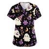 Women's V-Neck Short Sleeve Scrub Top with Pockets, Halloween Print Work Shirt for Clinic and Daily Wear