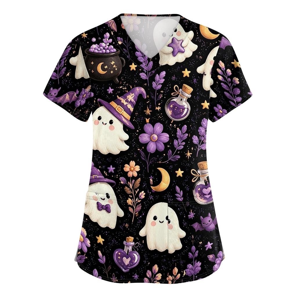 Women's V-Neck Short Sleeve Scrub Top with Pockets, Halloween Print Work Shirt for Clinic and Daily Wear