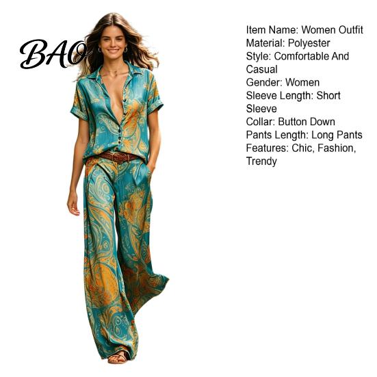 Lässiges Sexy Blusen 2-teiliges Set für Damen, Knopfleiste Kurzarmhemd Retro Urlaubsstil Und Weite Hosen Passende Sets, Sommer Bedruckt