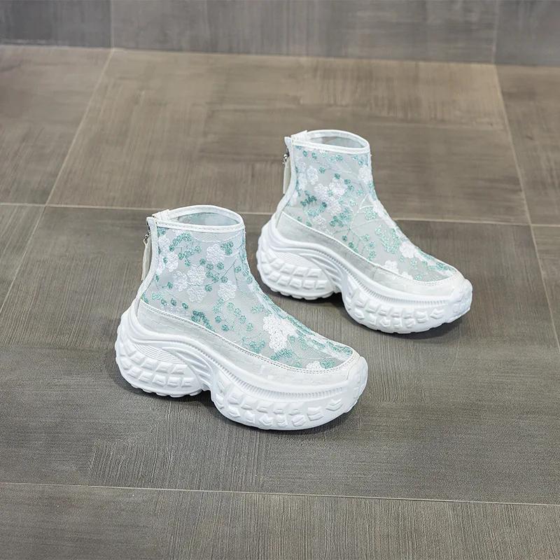 

Fashion 8CM Ankle Boots Microfiber Patent Leather Flats Sandals Women Air Mesh Summer Fashion Ladies Platform Wedge Sneakers Women Shoes 35 зелёный