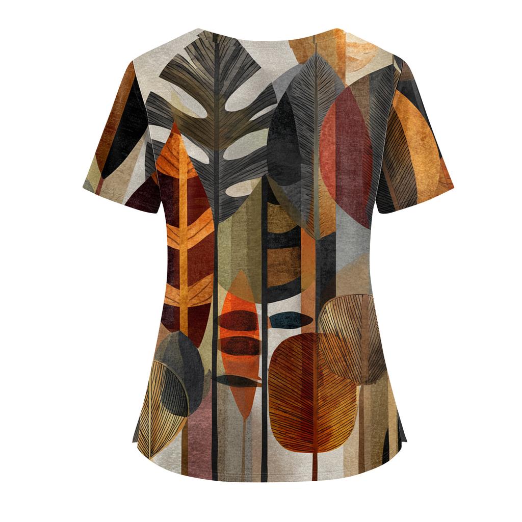 Women's Retro Printed V-Neck Double Pocket Short Sleeves Hem Slit Uniform Caregiver Top