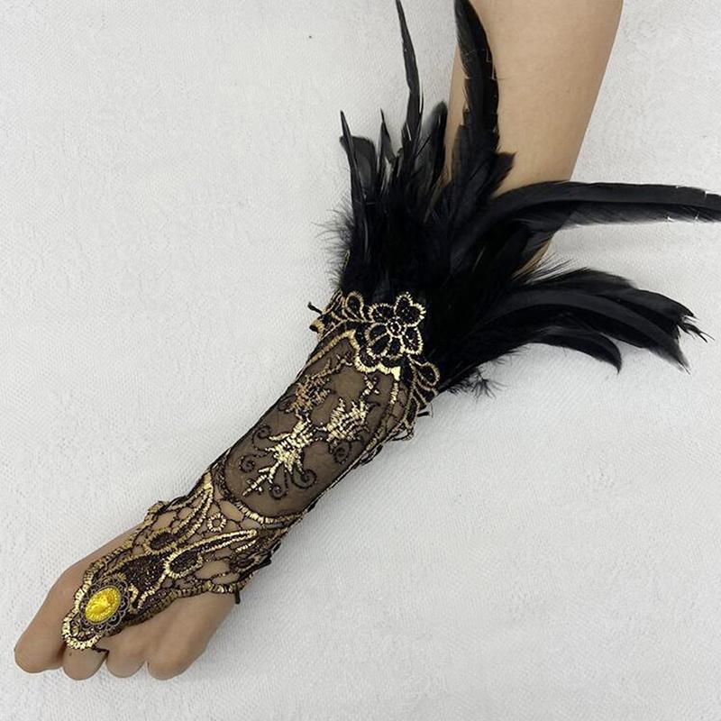 Gothic Feather Gold Lace Long Glove Bracelet Women Party Sexy Fingerless Gloves Exaggerated Lace Fishnet Gloves Accessories