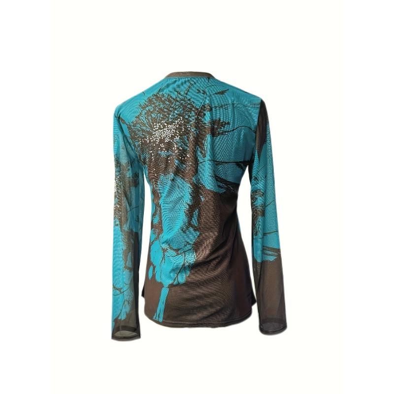 Elegant Floral Print Crew Neck T-Shirt for Women - Casual Long Sleeve, High Stretch, Breathable Polyester Blend, Perfect for Spring & Fall