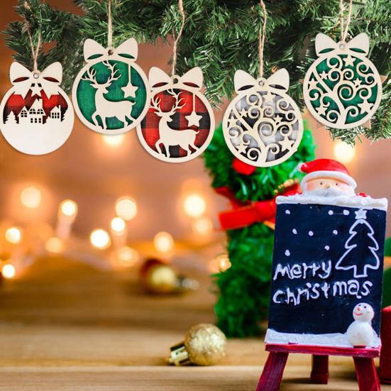 

12 шт., рождественский шар, подвесное украшение, круглый полый деревянный дом с изображением лося и звезды, многоразовый рождественский елочный орнамент, кулон, вечерние, праздничный декор, фестиваль, подарок