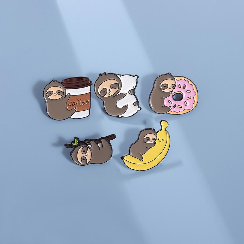 Lazy Cute Sloth Enamel Pin Cartoon Coffee Donut Banana Pillow Lapel Brooch Backpack Clothes Badge Decorative Metal Jewelry Gifts