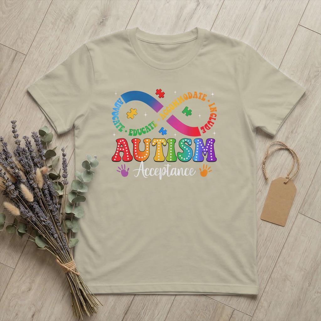 Autism Awareness Acceptance Infinity Symbol T Shirts Unisexs Cotton Funny TShirt Round Neck Tee Shirt Short Sleeve Tops Unique