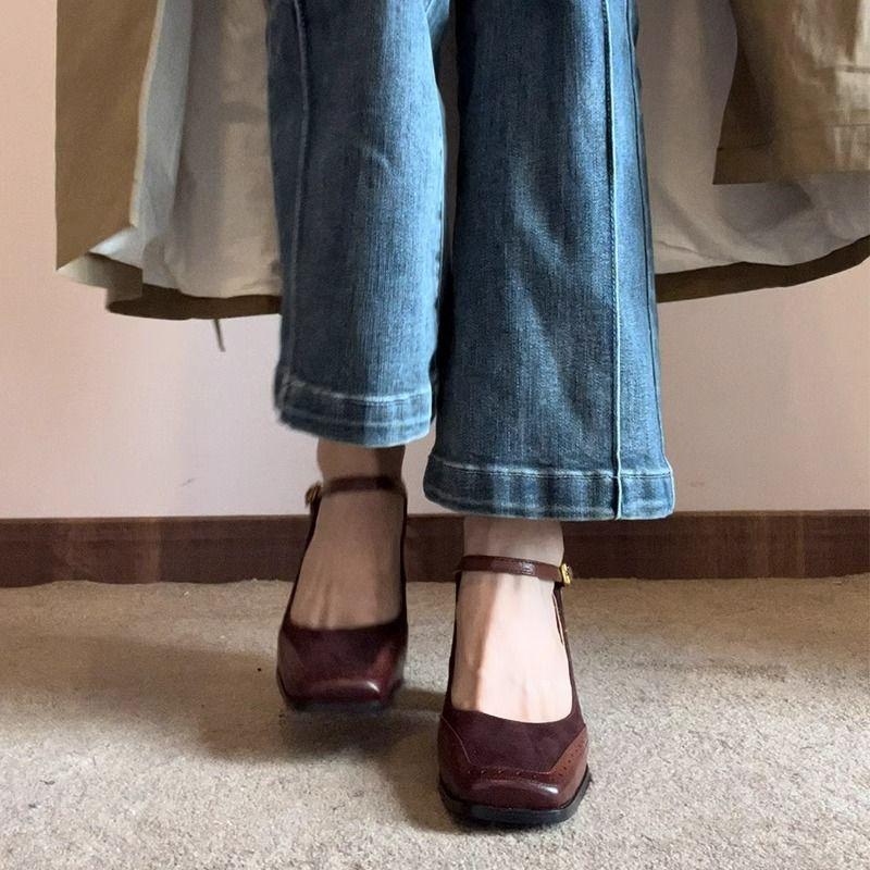 Shoes for Women Brown Square Toe Leather Casual High Heels Woman Pumps Fashion Spring Vacation 2025 Trend Korean Style Footwear