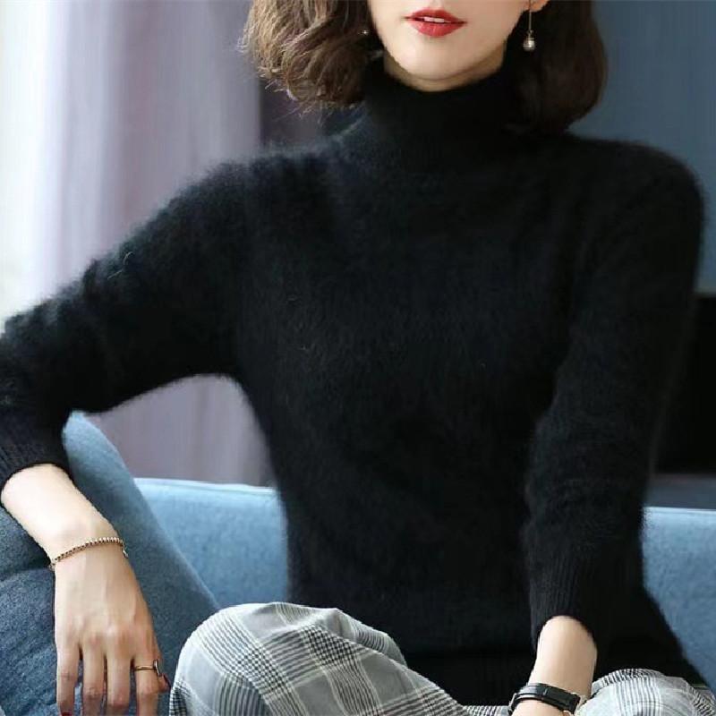 

Осень и зима новый пуловер с высоким воротником повседневный стиль свободный однотонный модный женский базовый топ утолщенный вязаный свитер One size чёрный